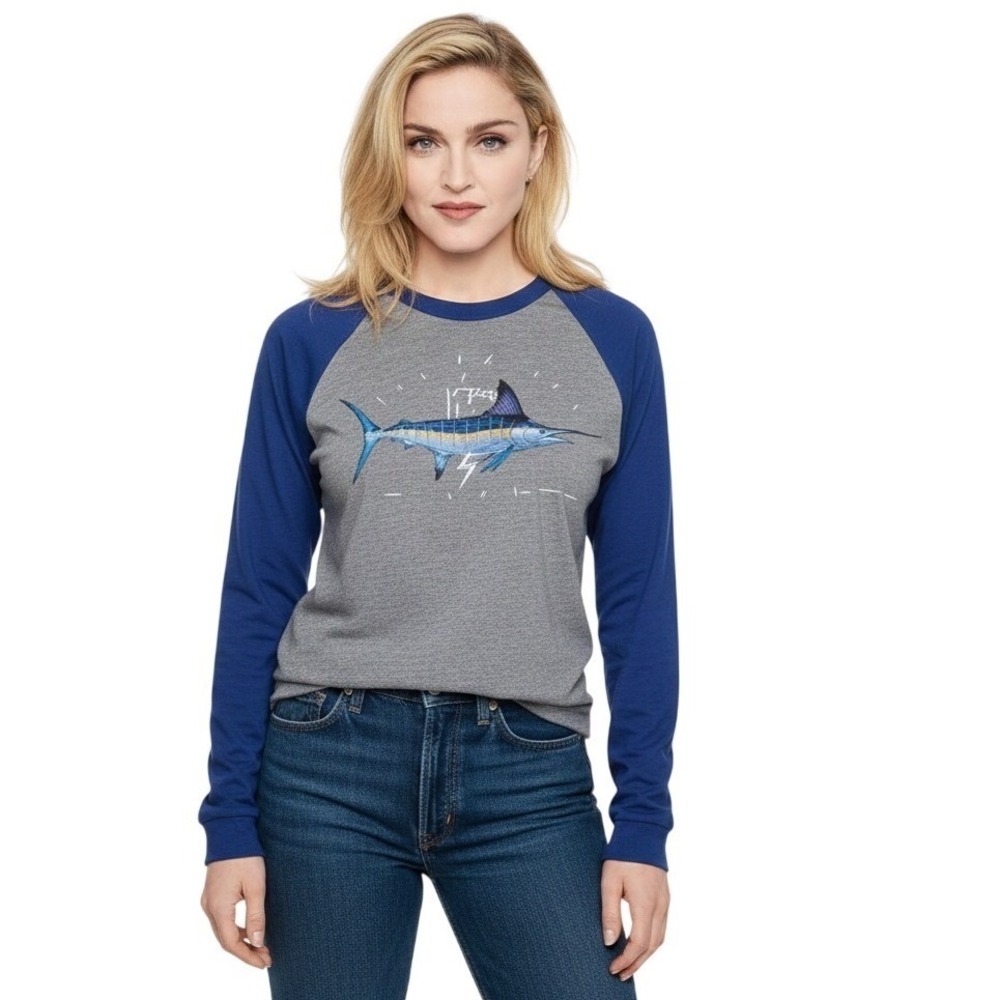 Guy Harvey Raglan‎ Graphic Tee Mens Medium Grey Blue Marlin Fishing Long Sleeve